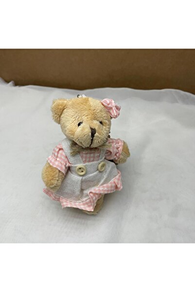 Bukle İplik Cute Plush Teddy Bear Keychain - Bag Ornament with Plaid Detailed Linen Overalls for Girls & Boys Model Options