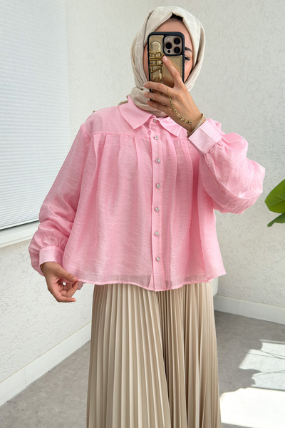 Salih Çelebi Pleated Detailed Oversized Shirt 2391 - Pink