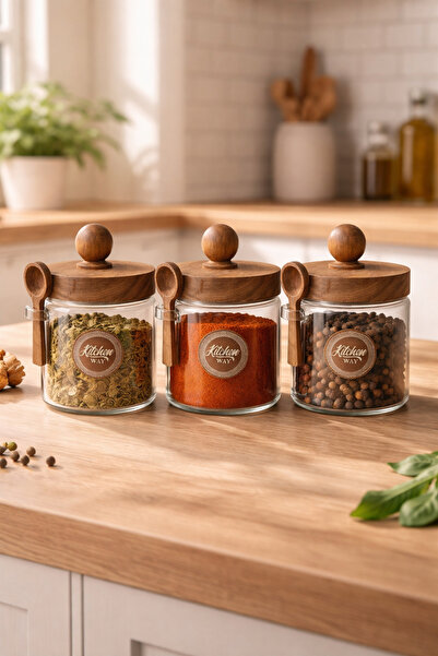 Kitchen Way طقم برطمانات توابل من أكاسيا مكون من 3 قطع مع غطاء وملعقة KW-734