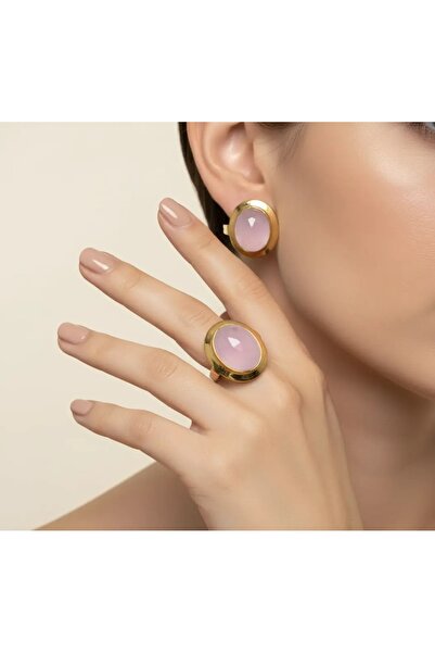HitDukkan Özel Tasarım Gümüş Bronz Oval Pembe Taşlı Yüzük Küpe Takı Seti mod93