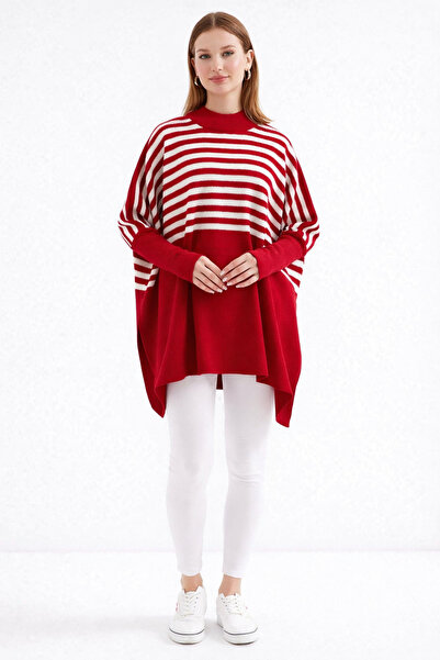 MISSRUBA Kadın Yırtmaçlı Kırmızı Panço Kazak CP0001