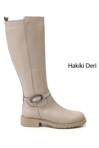 GÖNDERİ(R) Women's Beige Zippered Thick Heeled Genuine Leather Boots