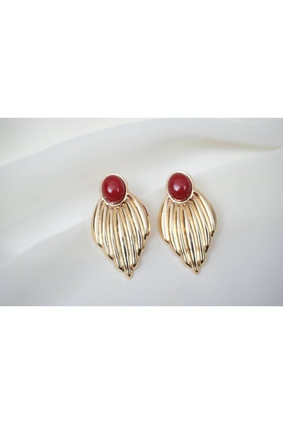 ATELİER TUĞBA Bkp077 Stone Leaf Shape Gold Earrings