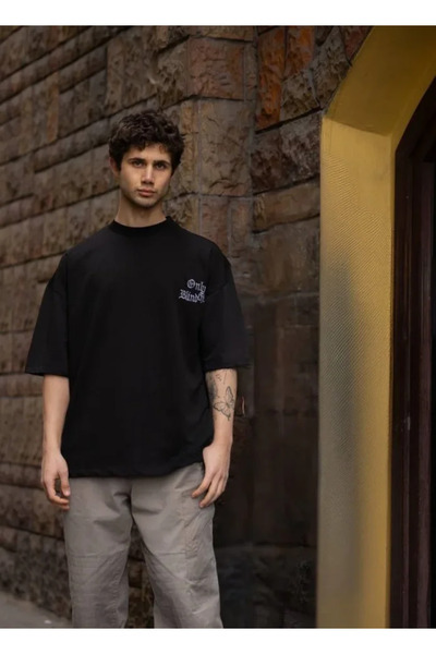 JANES Tricou oversize cu imprimeu unisex cu guler rotund - negru