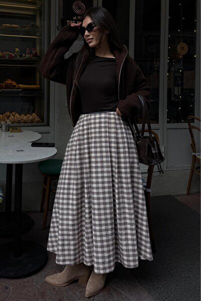 Madmext Beige Plaid Pattern Pleated Long Skirt Mg2634