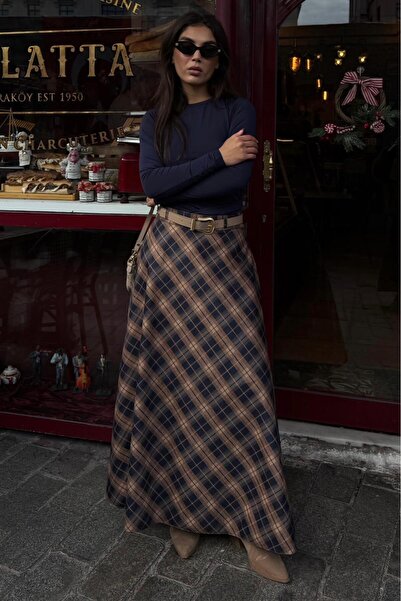 Madmext Navy Blue Plaid Pattern Belted Long Skirt Mg2635
