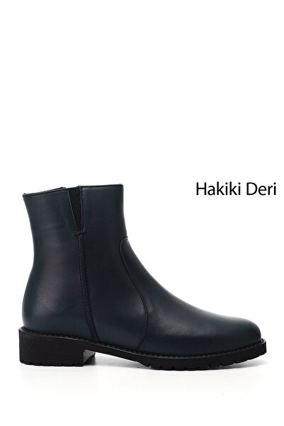 GÖNDERİ(R) Women's Navy Blue Zippered Rubber Sole Genuine Leather Boots