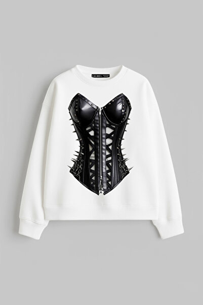 Bak Moda Black Cat Corset cu imprimeu fără glugă croi relaxat femei alb Swea ...