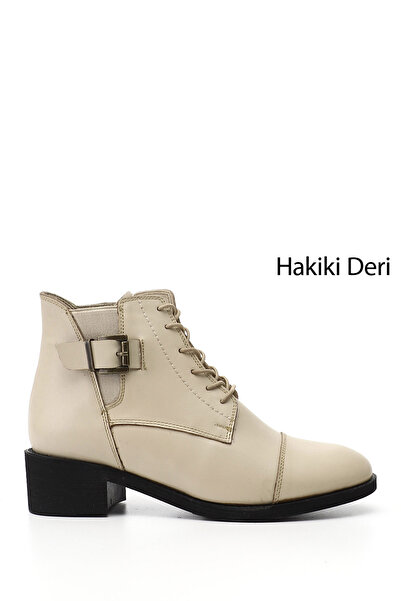 GÖNDERİ(R) Women's Beige Zippered Thick Heeled Genuine Leather Boots