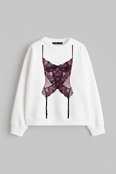 Bak Moda Mulberry με τύπωμα Γυναικείο λευκό φούτερ χωρίς κουκούλα χαλαρή εφαρ...