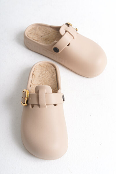 DELSOLERA Women's Beige Closed-Front Sheepskin-Lined Stainless Buckle Non-Slip Sabo Home and Outdoor Orthopedic Slippers