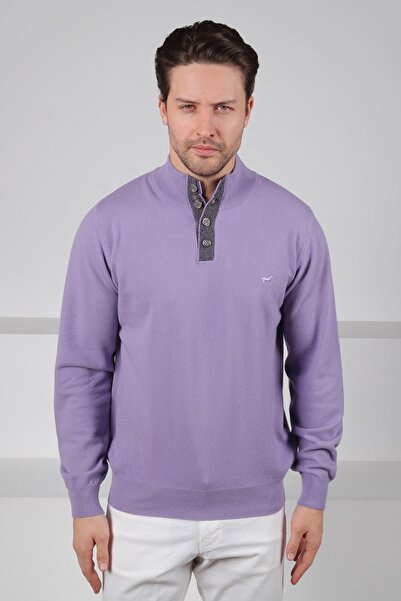 Ferraro Мъжки плетен пуловер с копчета и полурибарска яка от 100% агнешка въл...