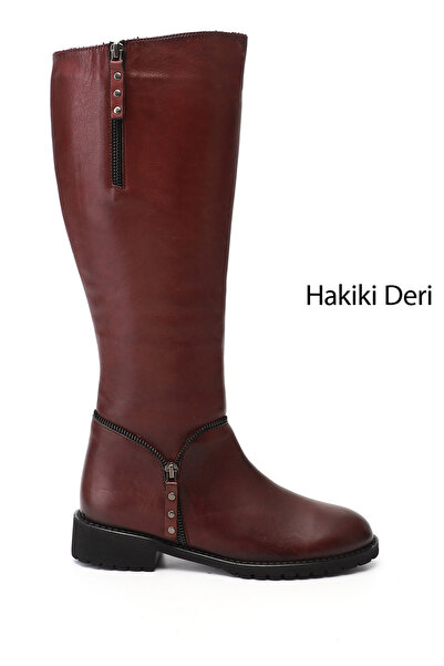 GÖNDERİ(R) Women's Burgundy Antique Zippered Rubber Sole Genuine Leather Boots