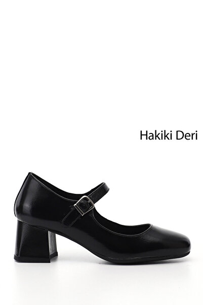 GÖNDERİ(R) Women's Black Patent Leather Thick Heeled Mary Jane Genuine Leather Shoes