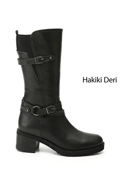 GÖNDERİ(R) Women's Zippered Thick Heeled Genuine Leather Boots