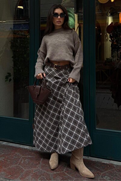 Madmext Brown Plaid Patterned Pocketed Belted Long Women's Skirt Mg2636