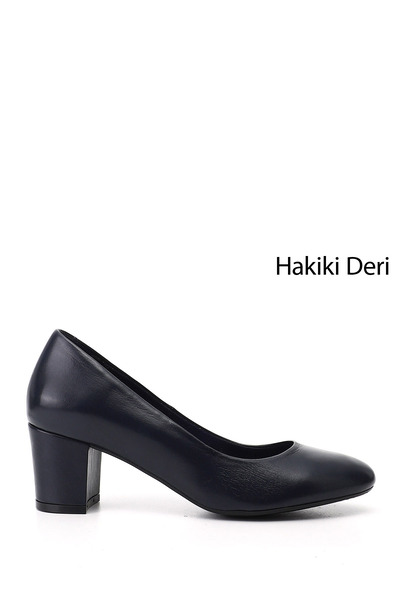 GÖNDERİ(R) Women's Navy Blue Thick Heeled Genuine Leather Shoes