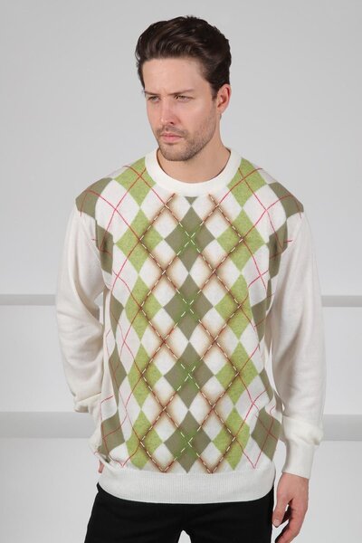 Ferraro Ecru/Pistachio Crew Neck Diamond Patterned Wool Men's Knitwear Sweater