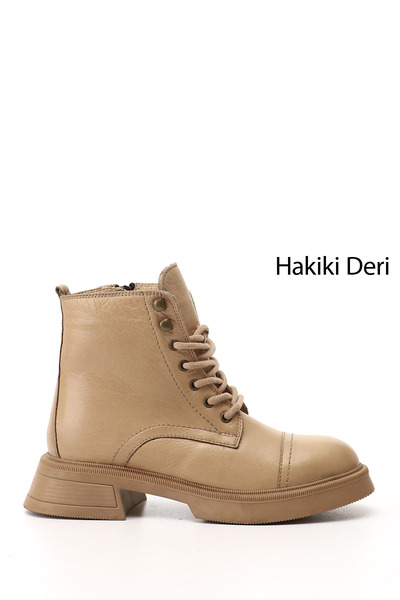 GÖNDERİ(R) Kadın Nude Fermuarlı Kalın Taban Hakiki Deri Postal Bot