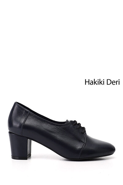 GÖNDERİ(R) Women's Navy Blue Lace-Up Thick Heeled Genuine Leather Oxford Shoes
