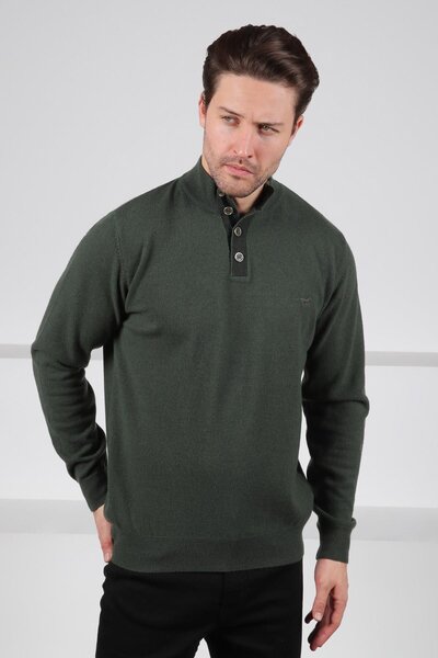 Ferraro Мъжки плетен пуловер с копчета и полурибарска яка от 100% агнешка вълна