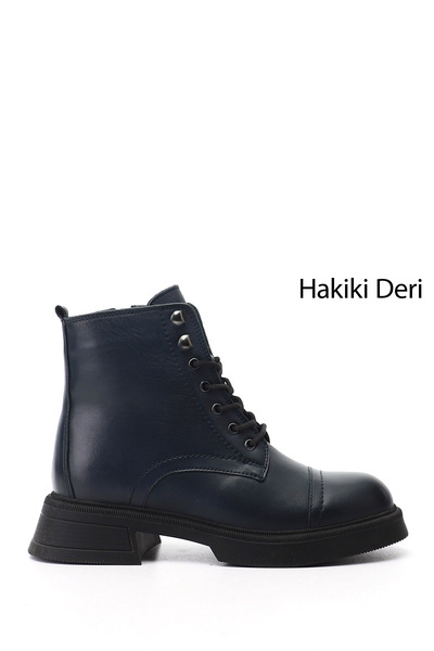 GÖNDERİ(R) Kadın Lacivert Antik Fermuarlı Kalın Taban Hakiki Deri Postal Bot