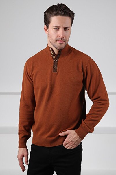 Ferraro Tan Buttoned Half Turtleneck 100% Lamb Wool Men's Knitwear Sweater