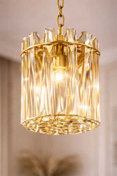 Bohem Aydınlatma Gold Kristal Cam Taşlı Tekli Belek Sarkıt Modern Avize