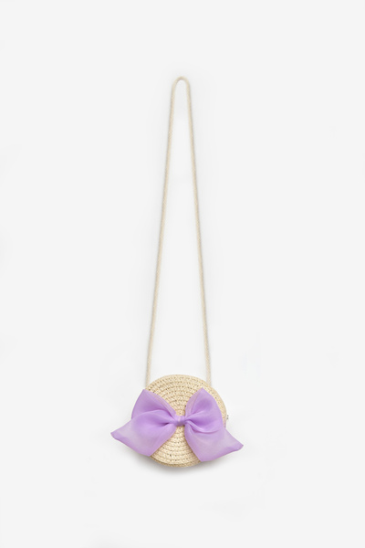 Le Mabelle Girl's Beige Straw Bag with Lilac Bow