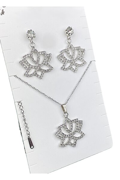 Jewelliss Kadın Bijuteri Taşlı Kolye Küpe Takı Seti Lotus Çiçeği Minimal İnce...