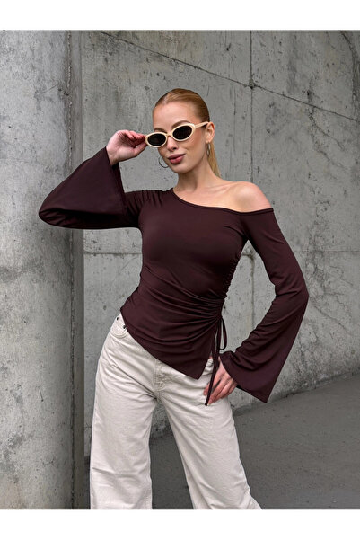 Cool & Sexy Women's Waist Detail Boat Neck Long Sleeve Coffee Blouse
