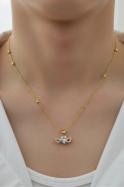 Stainlless Steel Altın Renk Beyaz kanatlı Kalp Taş Kalp Model Top Zincir Çeli...