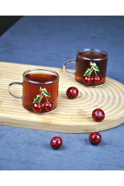 Qualitev Set of 2 Cherry Glass Mini Mugs Cherry Tea Cups 130 ml Coffee Cups New Year