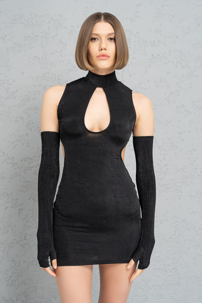 Kikiriki Siyah Bel Detaylı Balıkçı Yaka Mini Elbise