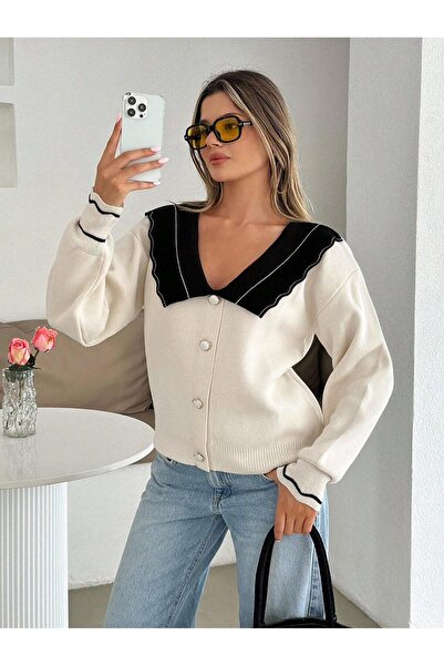 STF MODA Soft Textured Button Detailed Peter Pan collar Knitwear Sweater