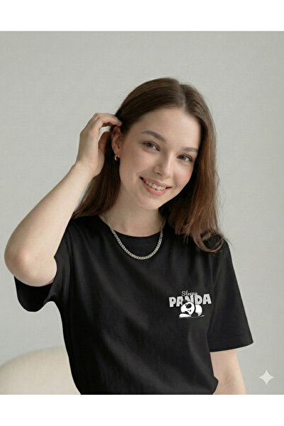 FAVORİST Sleepy Panda Printed Regular Fit Cotton Women Tshirt Tee T-Shirt