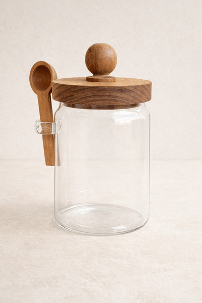 Kitchen Way وعاء توابل أكاسيا مع غطاء محكم وملعقة طراز KW-735