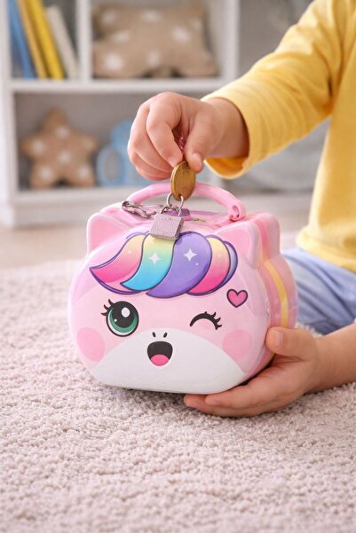 NASYONEL TOYS Unicorn Figürlü Kilitli Kumbara – Çocuklar İçin Gökkuşağı Desen...
