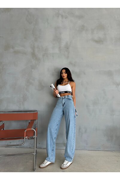 Viola Black Jeans بنطلون فضفاض بأسلوب الشارع باللون الأزرق مع جيب ذو مشبك مزدوج