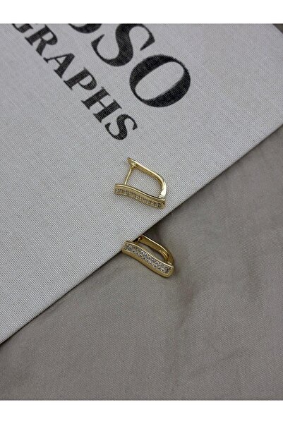 Hedef Bijuteri Zircon Stone U Model Gold Color Earrings with Stones on Top Cm26