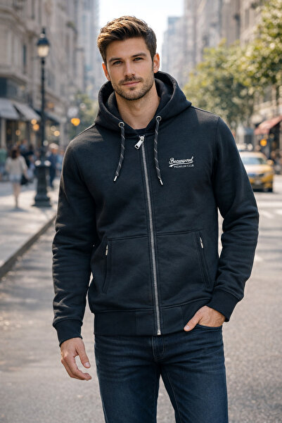 REMSA Jachetă pentru bărbați, cu trei fire, din bumbac, cu fermoar în față, K cu glugă Single Top Jacket 0317 Negru