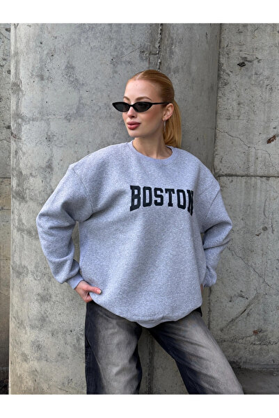 Cool & Sexy Boston Printed Gray Oversize Three Thread Women's Sweatshirt