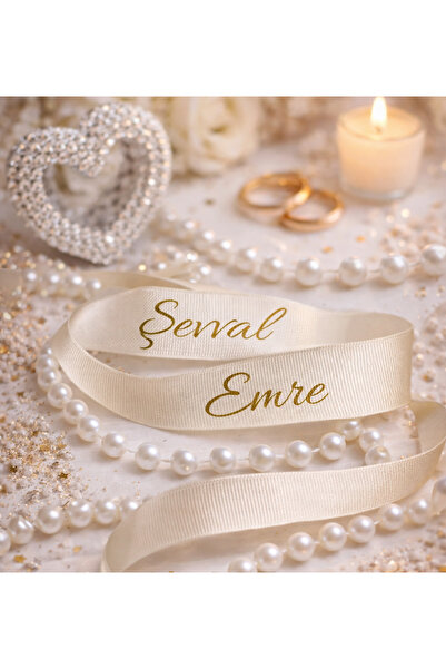 Frisson Dökülmeyen İncili Söz & Nişan Kişiye Özel Yüzük Kurdelesi Beyaz