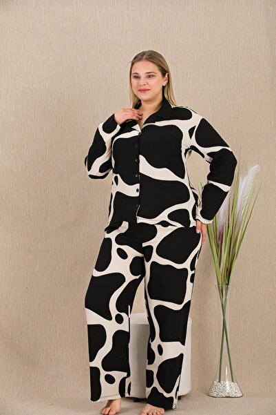 REN Women's black and white patterned plus size button-down pajama set, belmando woven viscose fabric