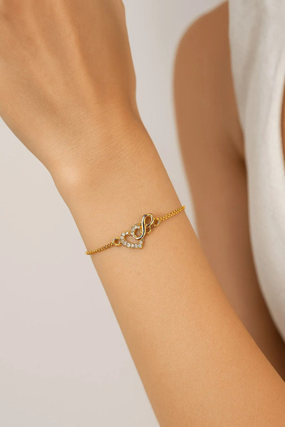 Stainlless Steel Altın Renk Kalp Sonsuzluk Asansör Çelik Bileklik - 3595