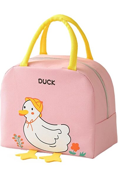Arabest Cute Cartoon Bento Bag, Small Duck Large Capacity Lunch Bag, Double Layer Reusable（Pink）