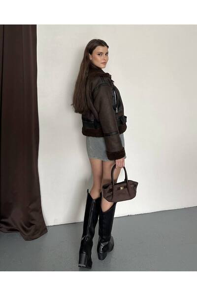 gm giyimarket Fur Collar Plush Inside Waist Belted Suede Leather Biker Women's Jacket