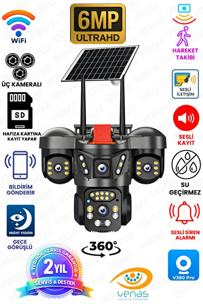 Venas Wifili Üç Kameralı Hareket Takipli Gece Görüşlü Su Geçirmez Güvenlik Ka...