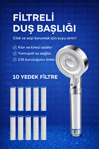 SUVİA Filtreli Duş Başlığı – Klor ve Kireç Önleyici – 10 Adet Yedek Filtreli ...