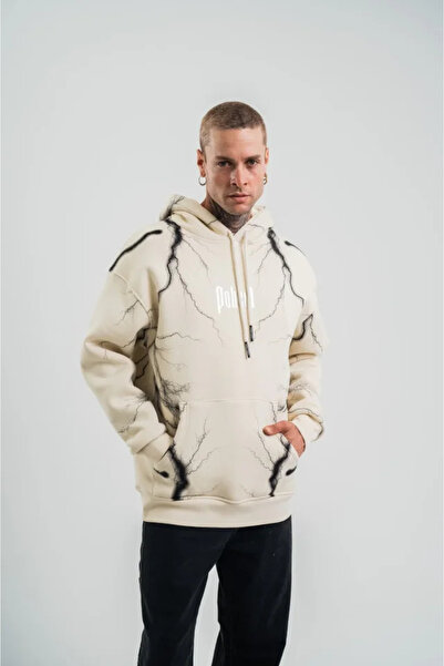 Turega Style Double Oversize Hooded Lightning Panel Printed Sweatshirt - Cream